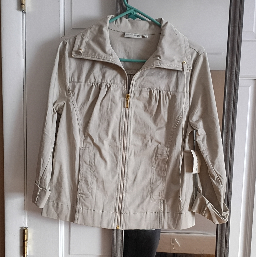 Studio Works Women's Petite Beige Zip-Up Jacket Long Sleeve Pockets Collared PS